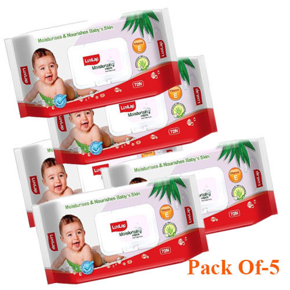 LuvLap Paraben Free Wipes For Baby Skin With Aloe Vera,Fragrance Free Safe Baby Wipes Rich In Vitamin E  Extract72 Wipes Pack With Lid Packs-Pack Of-5