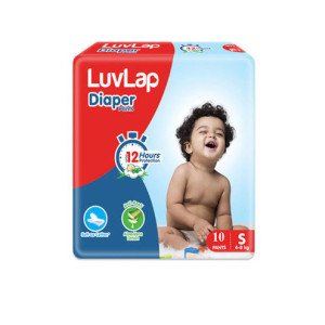 LuvLap Pant Style Baby Diapers, Small (S) 10 Count, For babies of Upto 4-8Kg with Aloe Vera Lotion for rash protection, with upto 12hr protection, Diapers