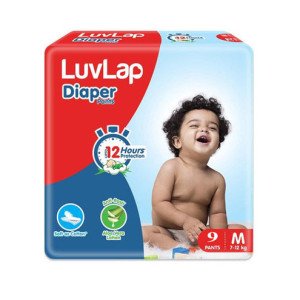 LuvLap Pant Style Baby Diapers, Medium (M), 9 Count, For babies of Upto 7 - 12Kg with Aloe Vera Lotion for rash protection, with upto 12hr protection, Diapers