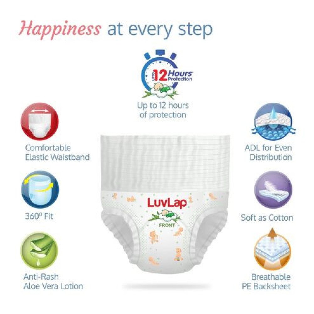 LuvLap Pant Style Baby Diapers, Large (L), 8 Count, For babies of Upto 9-14Kg with Aloe Vera Lotion for rash protection, with upto 12hr protection, Diapers