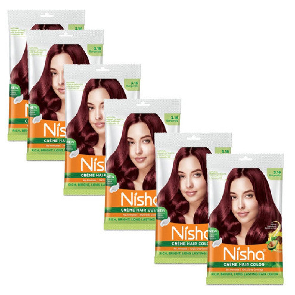 Nisha Cream Hair Color Rich Bright Long Lasting Hair Colouring For Ultra Soft Deep Shine Grey Coverage Conditioning With Natural Herbs Burgundy (Pack of 6)