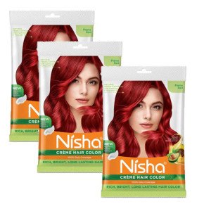 Nisha Cream Hair Color Rich Bright Long Lasting Hair Colouring For Ultra Soft Deep Shine Grey Coverage Conditioning With Natural Herbs Flame Red (Pack of 3)