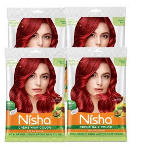 Nisha Cream Hair Color Rich Bright Long Lasting Hair Colouring For Ultra Soft Deep Shine Grey Coverage Conditioning With Natural Herbs Flame Red (Pack of 4)