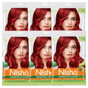 Nisha Cream Hair Color Rich Bright Long Lasting Hair Colouring For Ultra Soft Deep Shine Grey Coverage Conditioning With Natural Herbs Flame Red (Pack of 6)