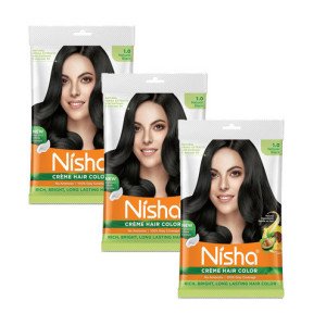 Nisha Cream Hair Color Rich Bright Long Lasting Hair Colouring For Ultra Soft Deep Shine Grey Coverage Conditioning With Natural Herbs Natural Black 1.0 (Pack of 3)