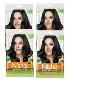 Nisha Cream Hair Color Rich Bright Long Lasting Hair Colouring For Ultra Soft Deep Shine Grey Coverage Conditioning With Natural Herbs Natural Black 1.0 (Pack of 4)