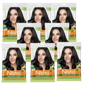 Nisha Cream Hair Color Rich Bright Long Lasting Hair Colouring For Ultra Soft Deep Shine Grey Coverage Conditioning With Natural Herbs Natural Black 1.0 (Pack of 8)