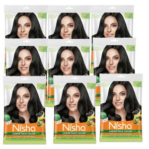 Nisha Cream Hair Color Rich Bright Long Lasting Hair Colouring For Ultra Soft Deep Shine Grey Coverage Conditioning With Natural Herbs Natural Black 1.0 (Pack of 9)