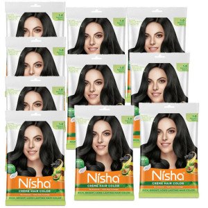 Nisha Cream Hair Color Rich Bright Long Lasting Hair Colouring For Ultra Soft Deep Shine Grey Coverage Conditioning With Natural Herbs Natural Black 1.0 (Pack of 10)