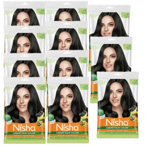 Nisha Cream Hair Color Rich Bright Long Lasting Hair Colouring For Ultra Soft Deep Shine Grey Coverage Conditioning With Natural Herbs Natural Black 1.0 (Pack of 11)