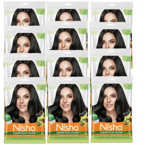 Nisha Cream Hair Color Rich Bright Long Lasting Hair Colouring For Ultra Soft Deep Shine Grey Coverage Conditioning With Natural Herbs Natural Black 1.0 (Pack of 12)