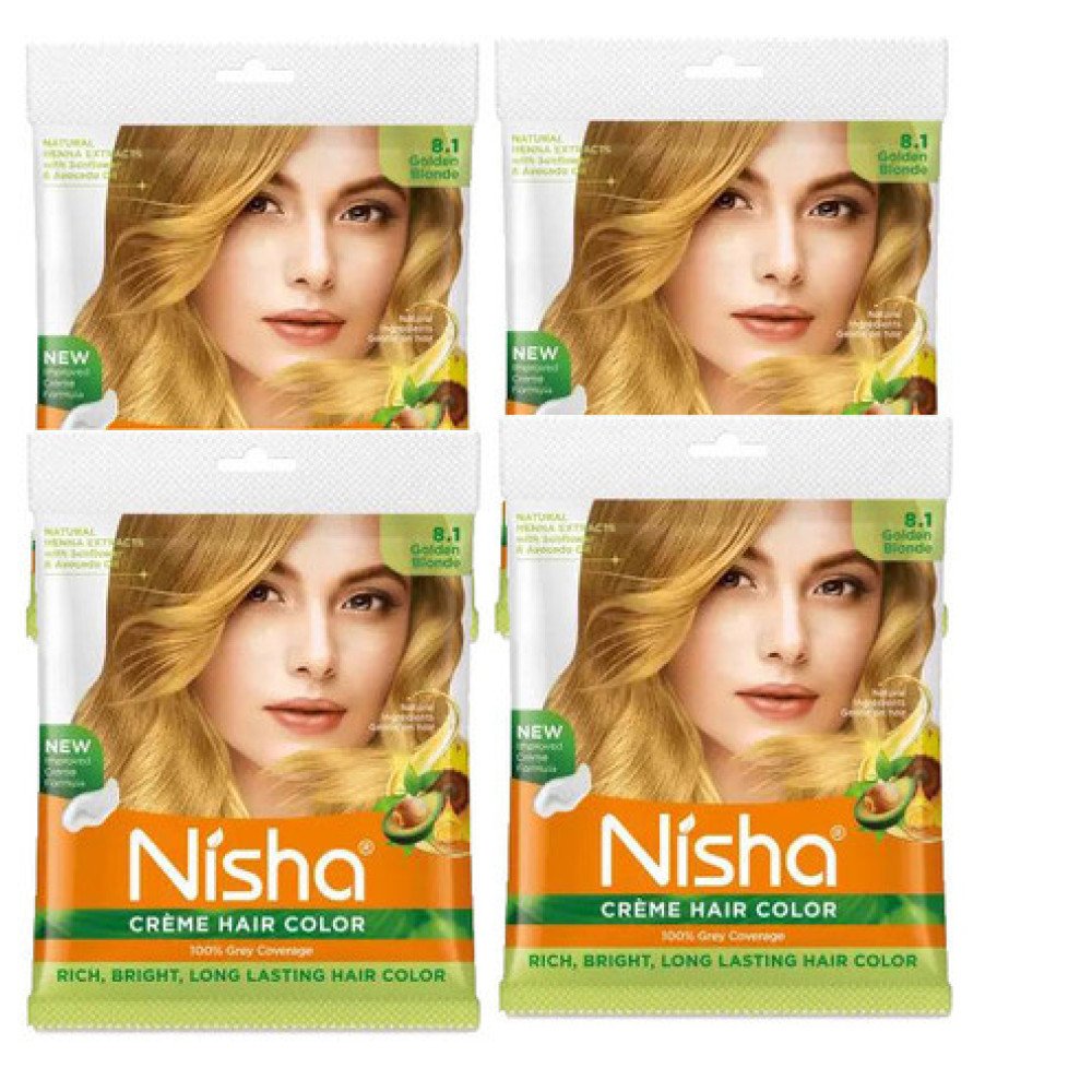 Nisha Cream Hair Color Rich Bright Long Lasting Hair Colouring For Ultra Soft Deep Shine Grey Coverage Conditioning With Natural Herbs Golden Blonde (Pack of 04)