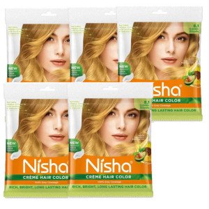 Nisha Cream Hair Color Rich Bright Long Lasting Hair Colouring For Ultra Soft Deep Shine Grey Coverage Conditioning With Natural Herbs Golden Blonde (Pack of 05)