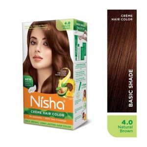 Nisha Creme Hair Color, Permanent Hair Colour Cherry Red, Silky Shiny  Grey Coverage  Ammonia Free Color With Natural Henna Extract, 60G+60Ml Natural Brown 4.0